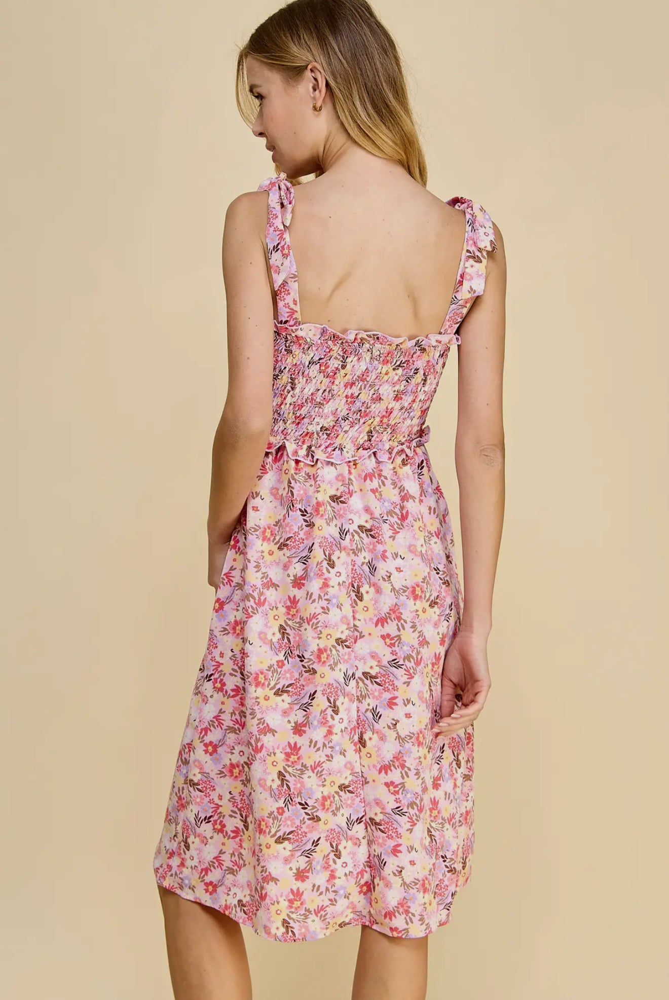 Pink Floral Smocked Midi Dress