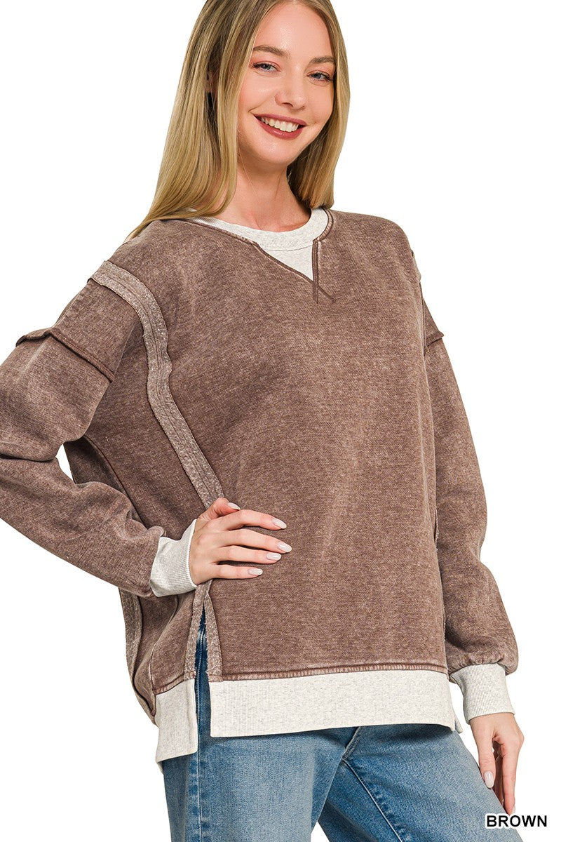 Zenana Fleece Acid Washed Contrast Trim Pullover