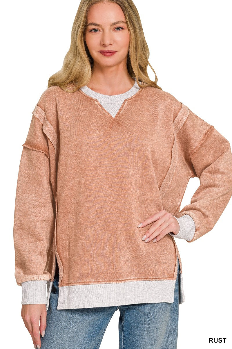 Zenana Fleece Acid Washed Contrast Trim Pullover
