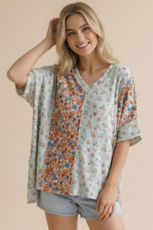 Floral Ribbed Reverse Stitch Knit Top