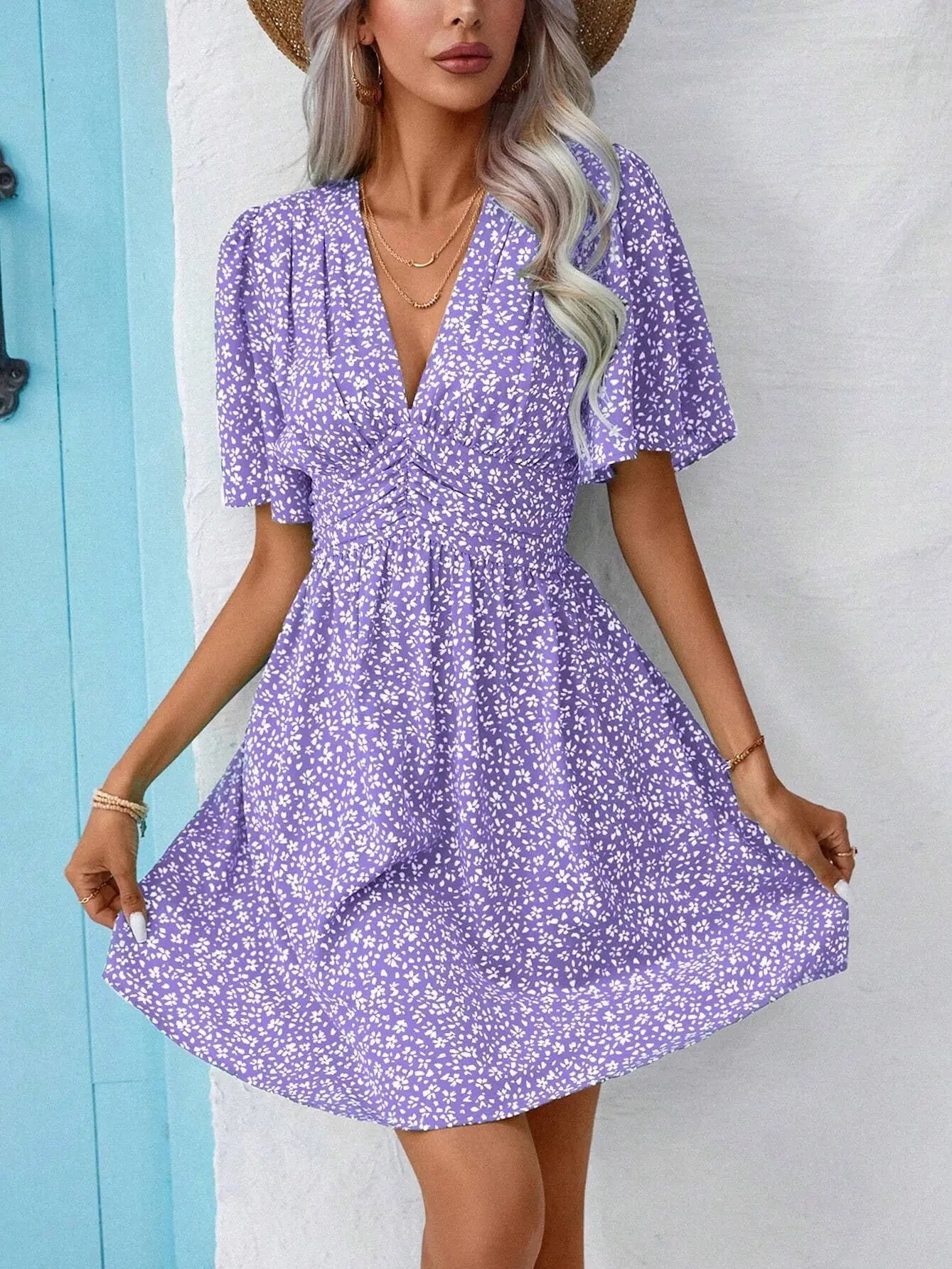 Floral V Neck Midi Dress