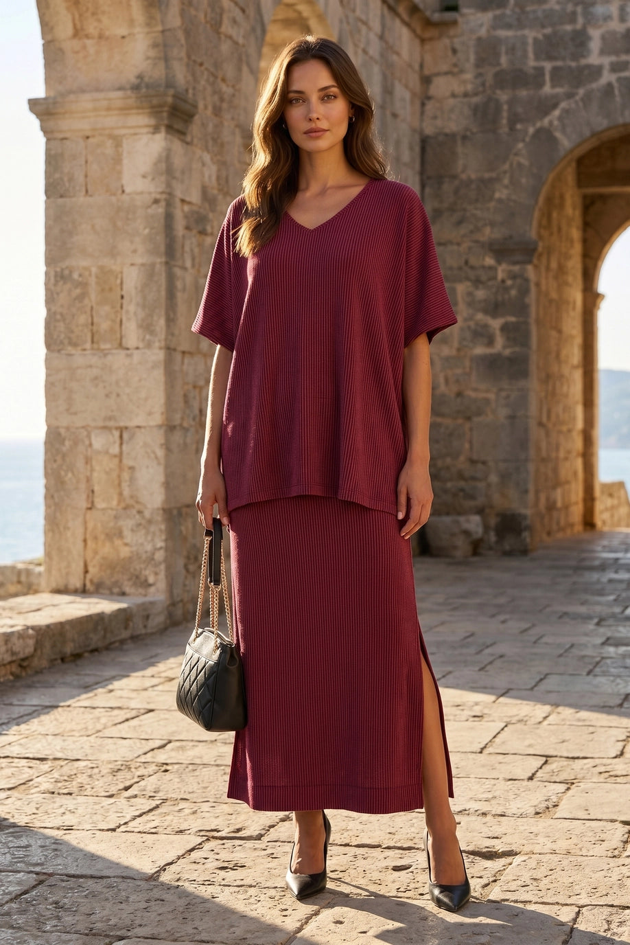 Flowy Poncho Style Top + Maxi Dress 2 Piece Set