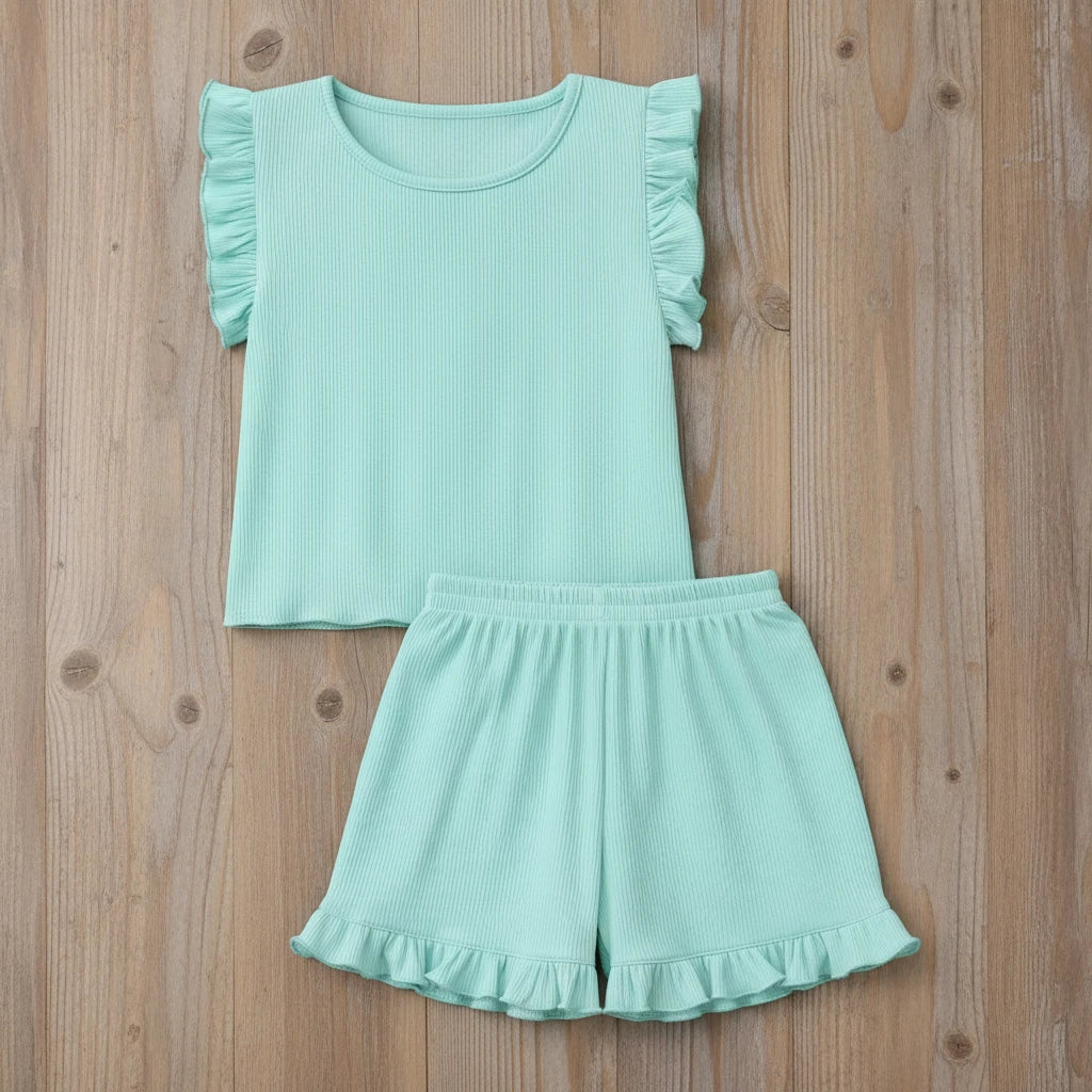 Girls Mint 2 Pc Ribbed Short Set w/ Ruffle Sleeve