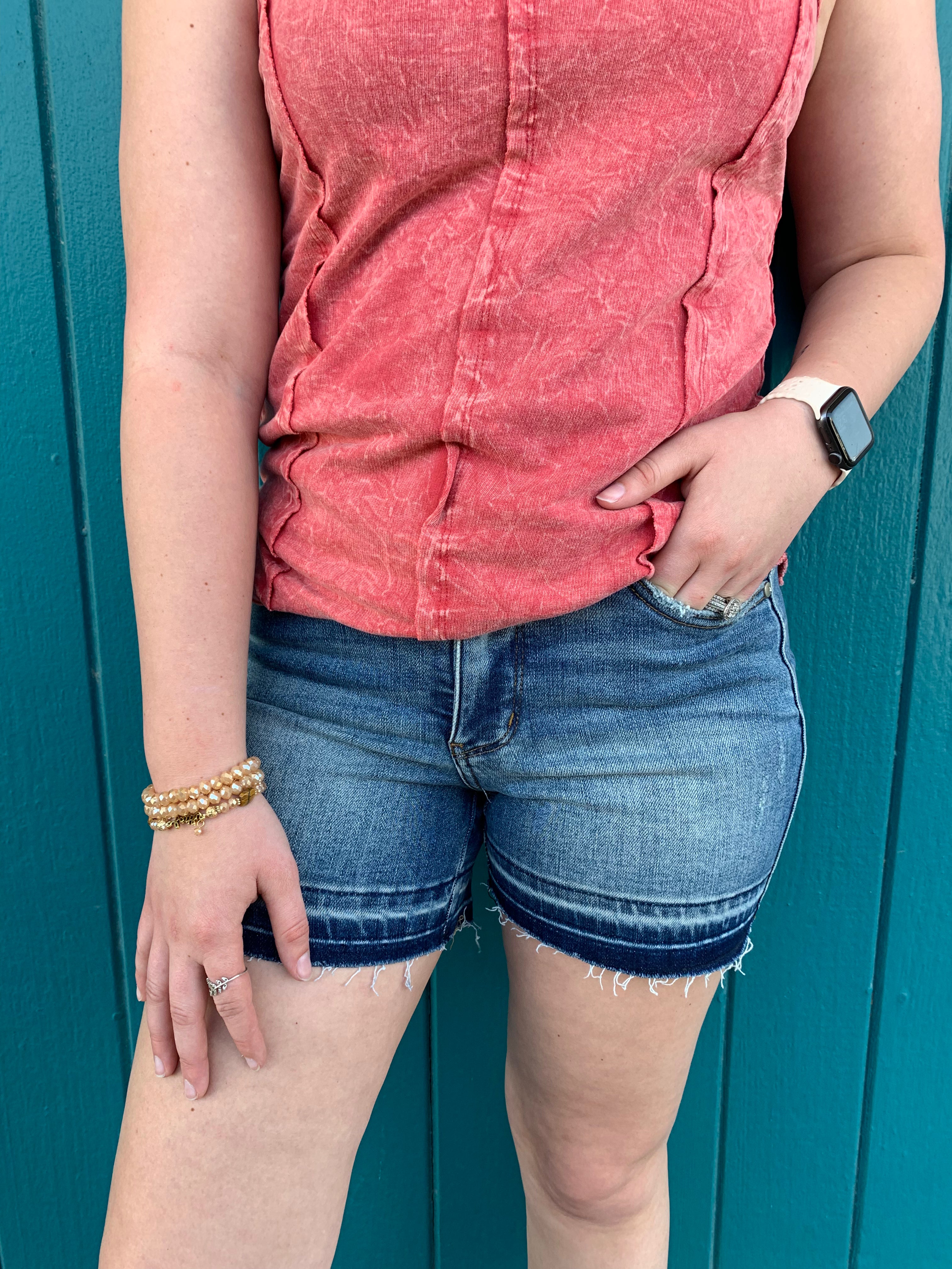Tummy Control Vintage Wash Release Hem Shorts