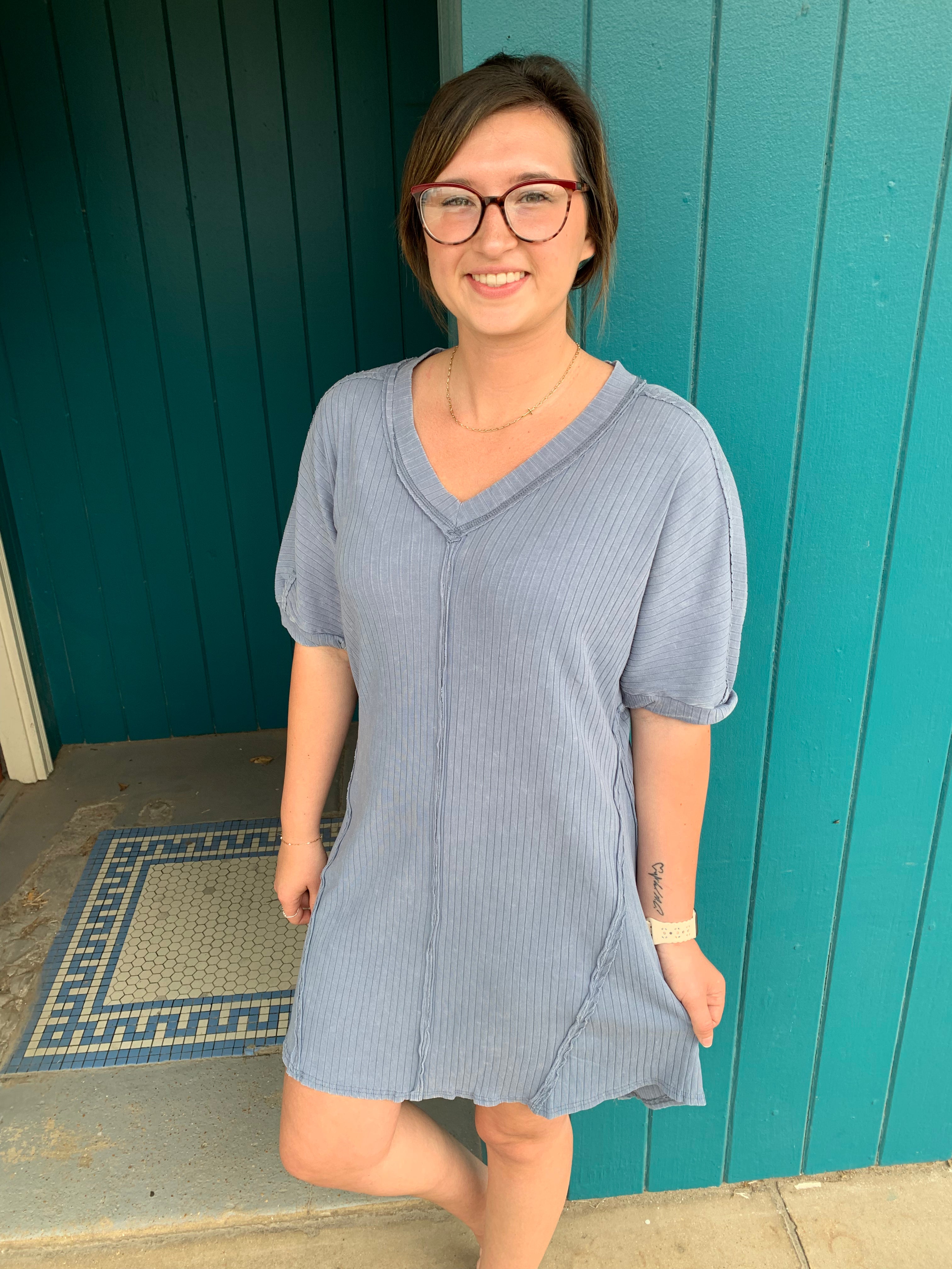 Mineral Washed Ribbed Knit Shift Mini Dress
