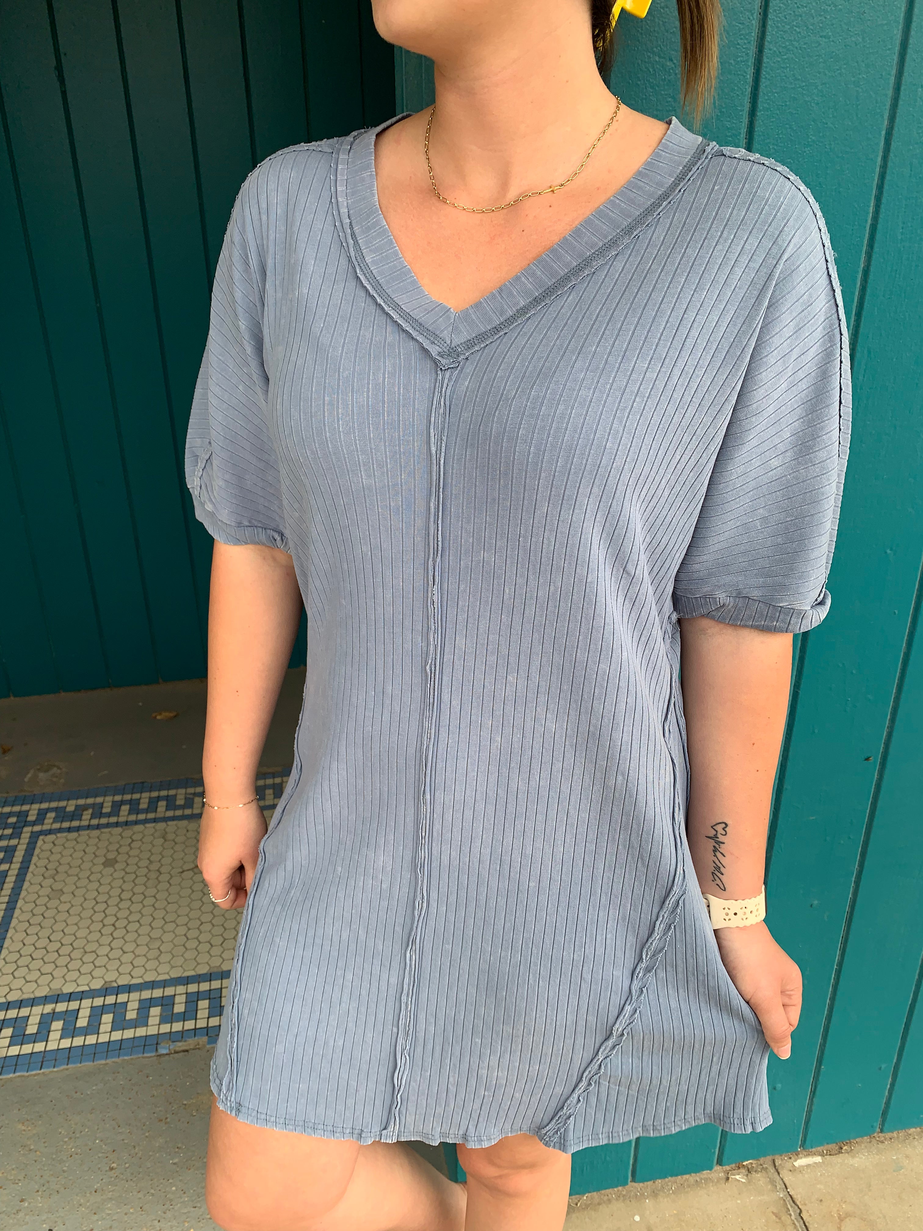 Mineral Washed Ribbed Knit Shift Mini Dress