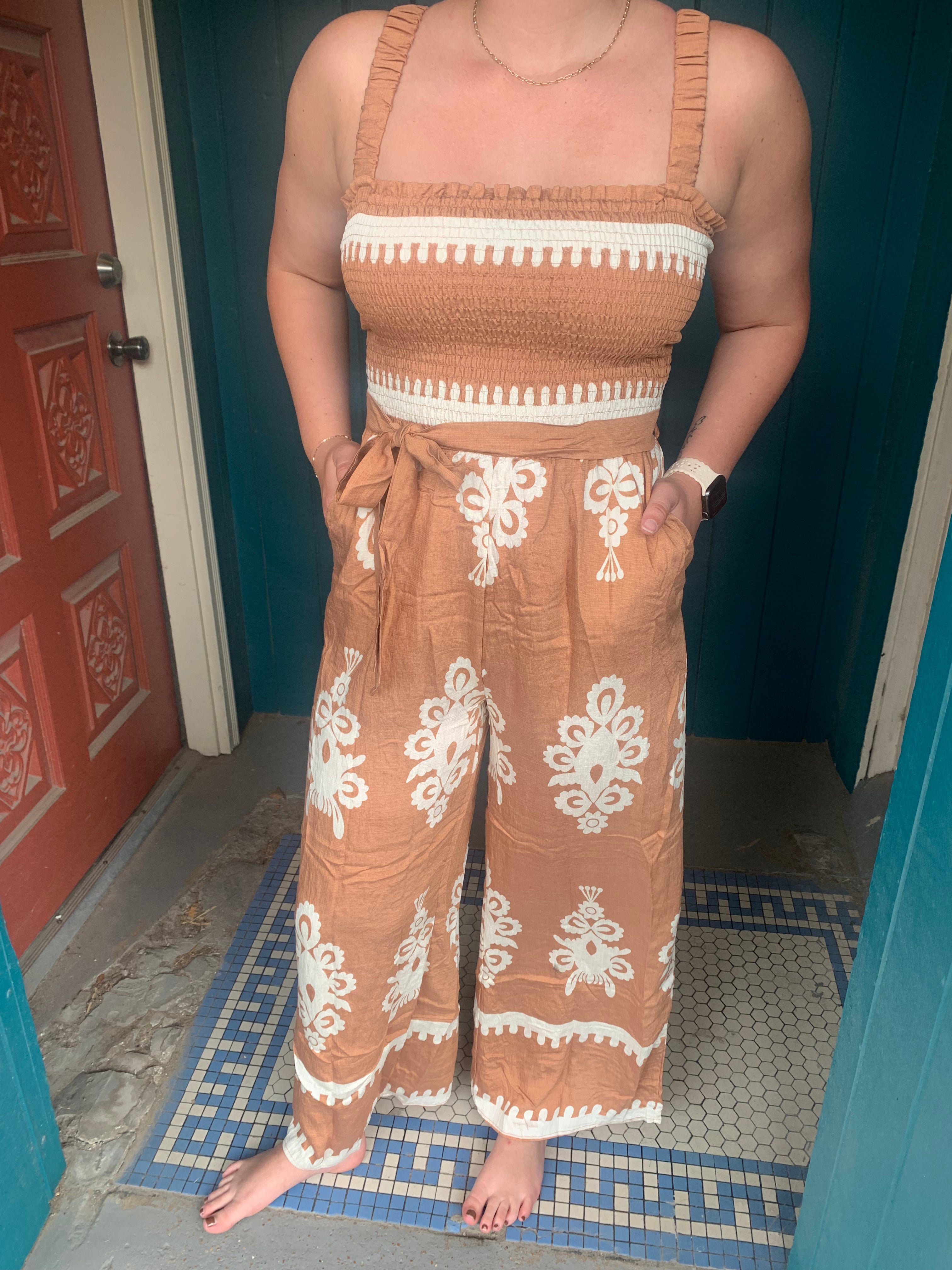 Boho Printed Smocking Detail Jumpsuit