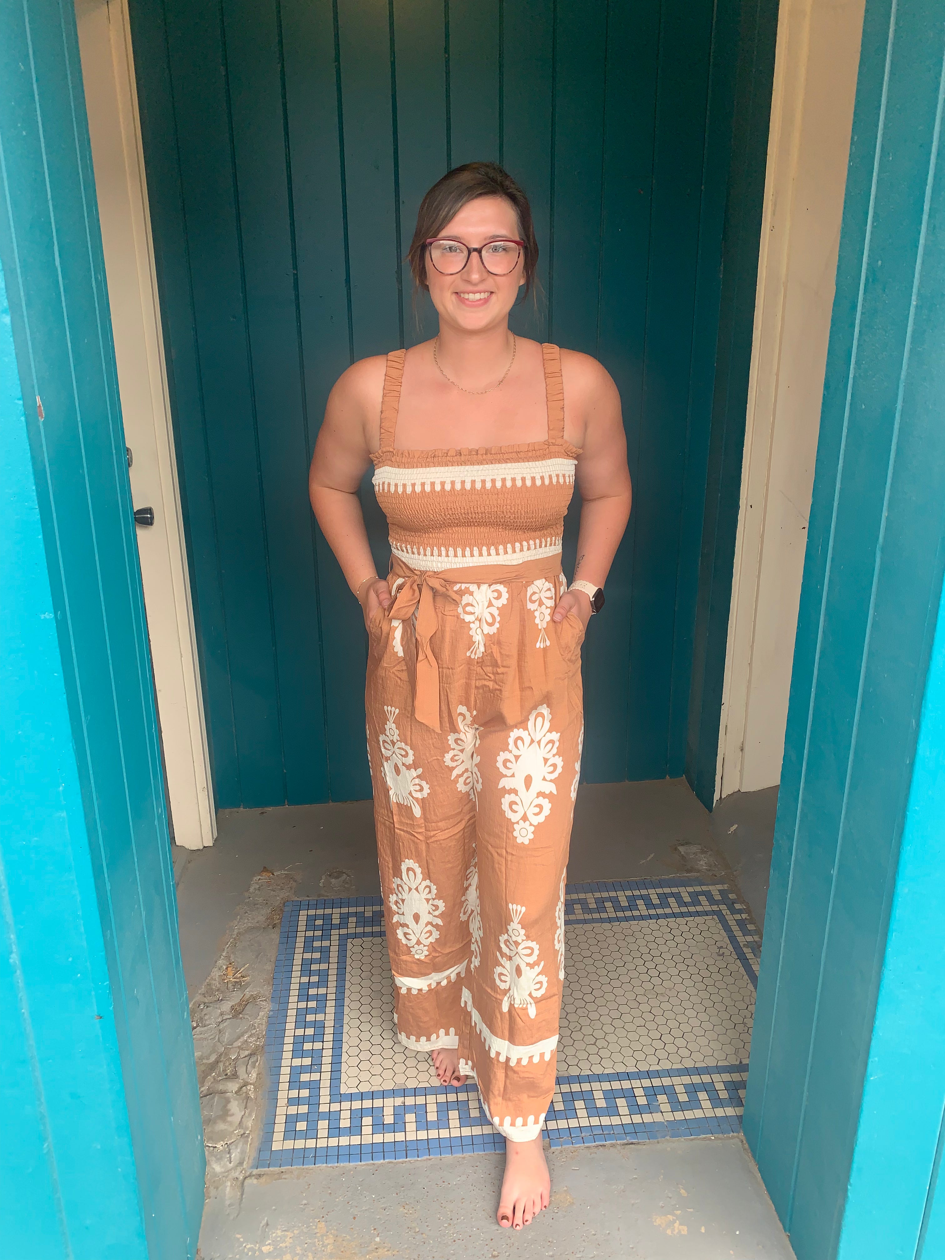 Boho Printed Smocking Detail Jumpsuit
