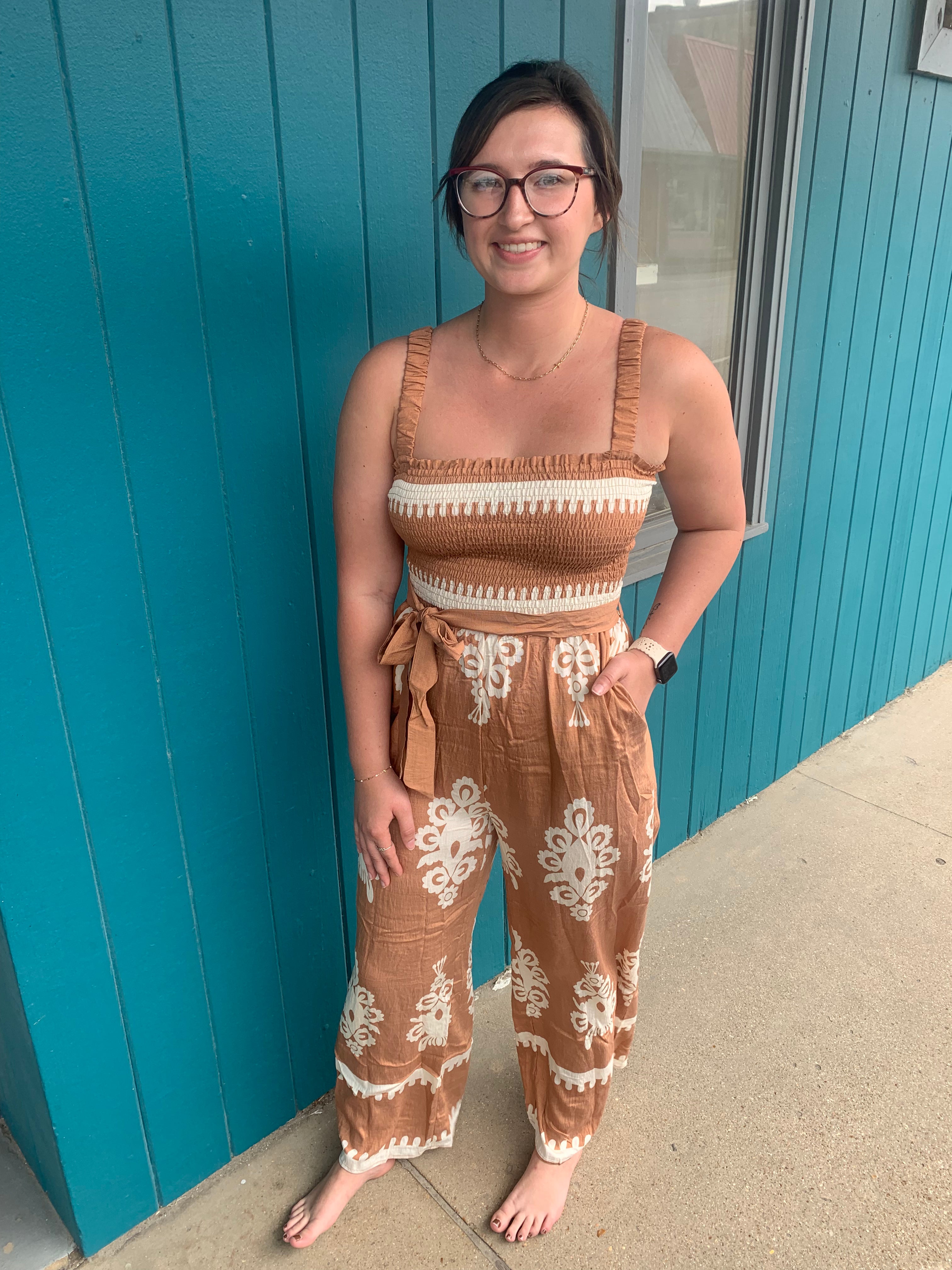Boho Printed Smocking Detail Jumpsuit