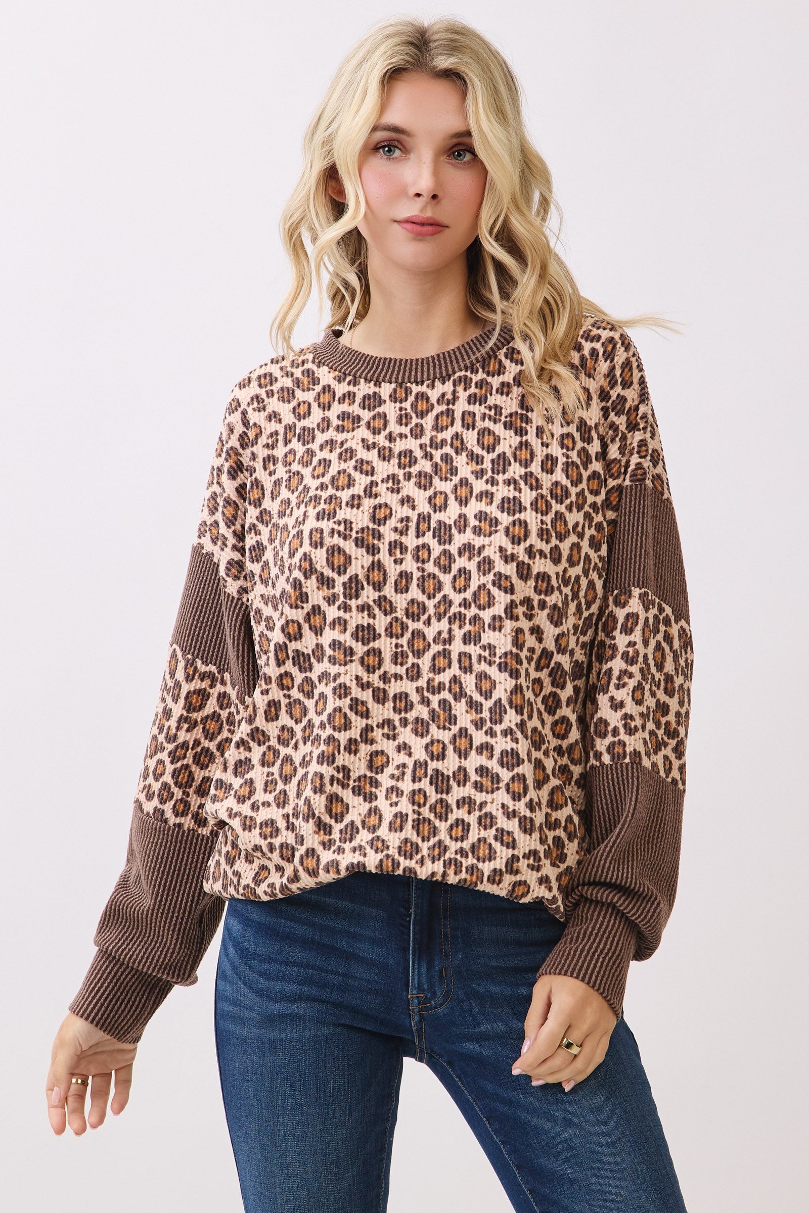 Leopard Print Drop Shoulder Pullover Top
