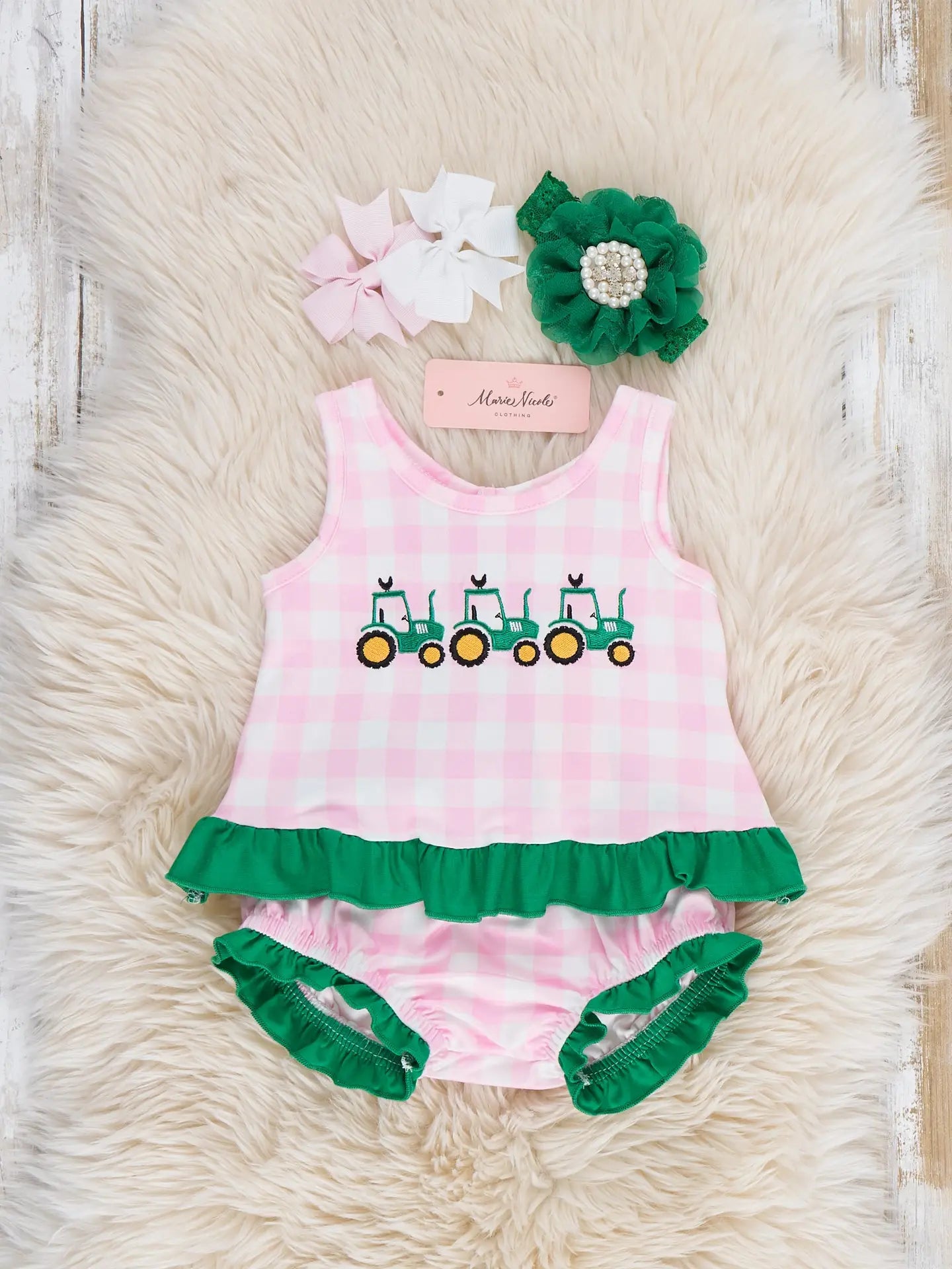 Little Farmer's Fun Embroidered Plaid Bloomers Outfit