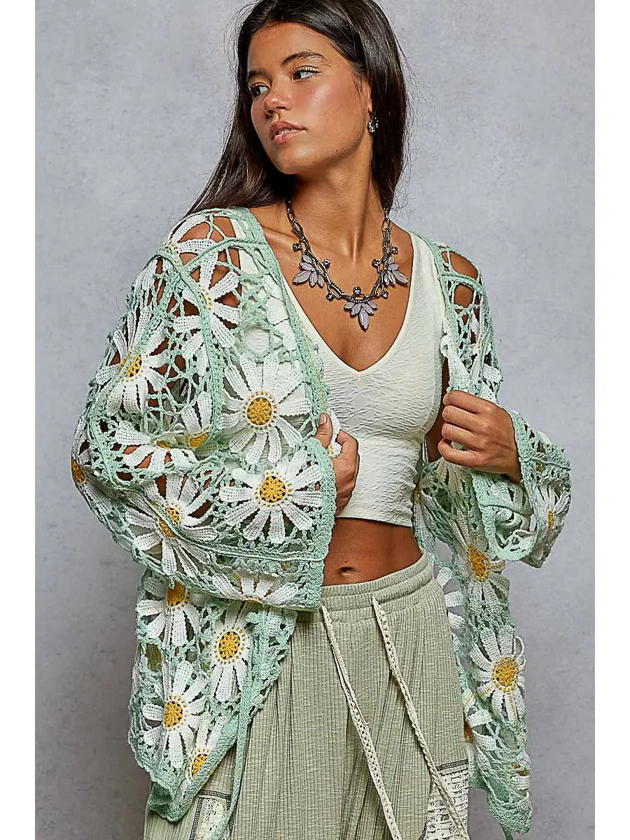 Long Sleeve Crochet Knit Open Cardigan