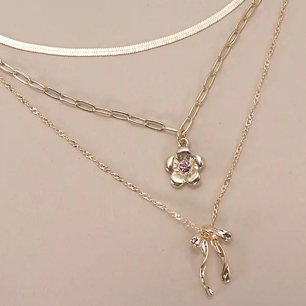 Multi Layer Flower Bow Charm Necklace