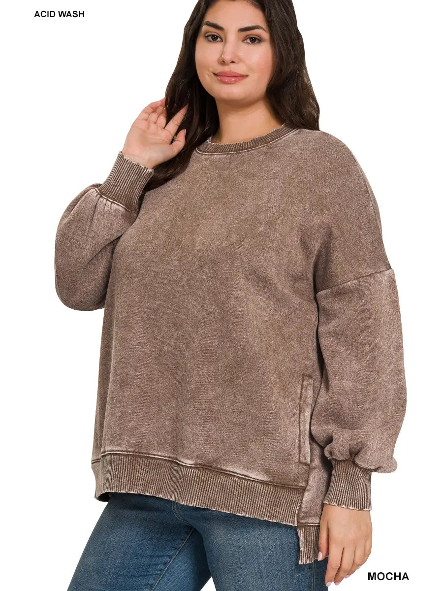 Plus Acid Wash Fleece Hi Low Hem Pullover