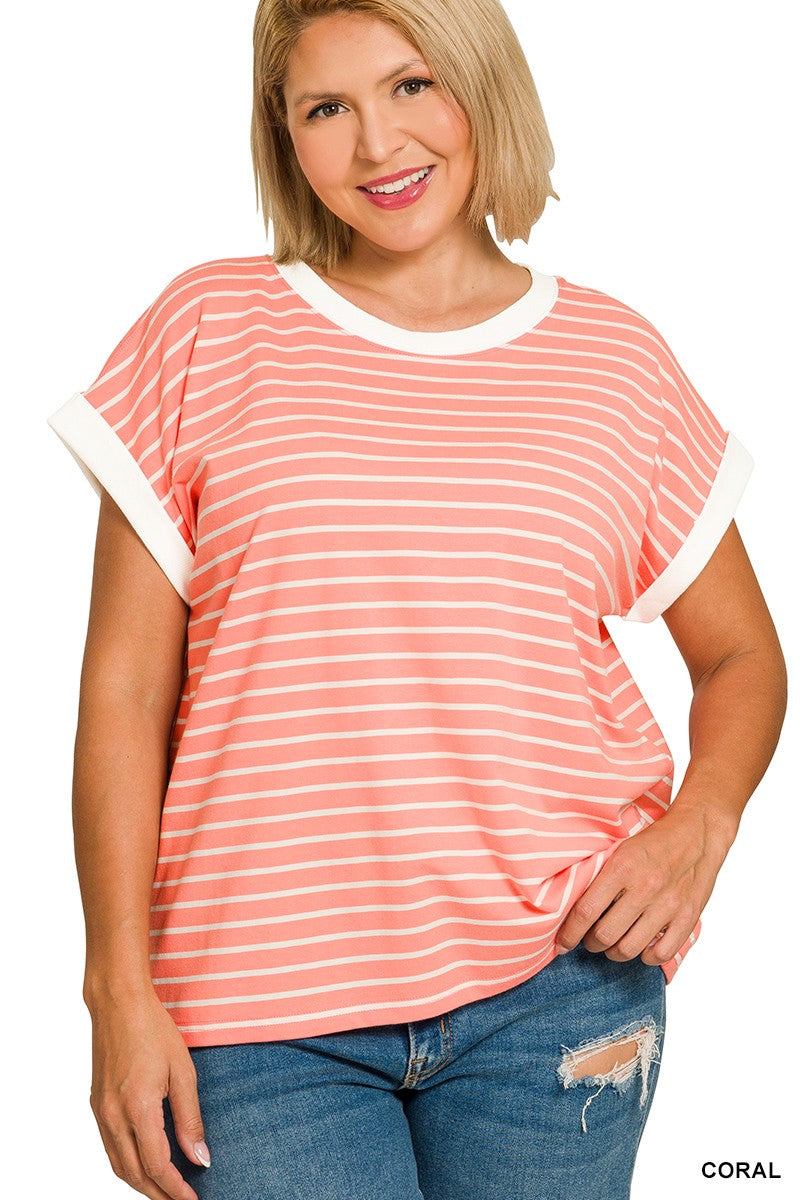 Plus Contrast Trim Cap Sleeve Stripe Tee
