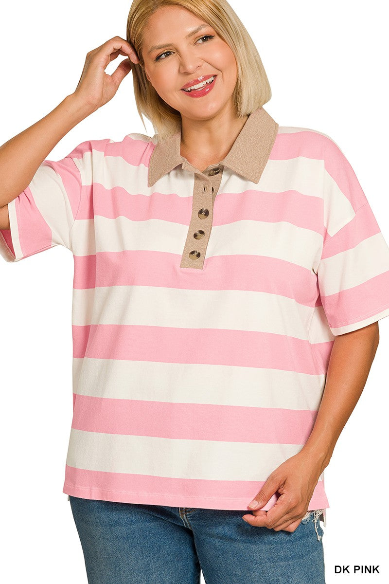 Plus Striped Collared Polo Top