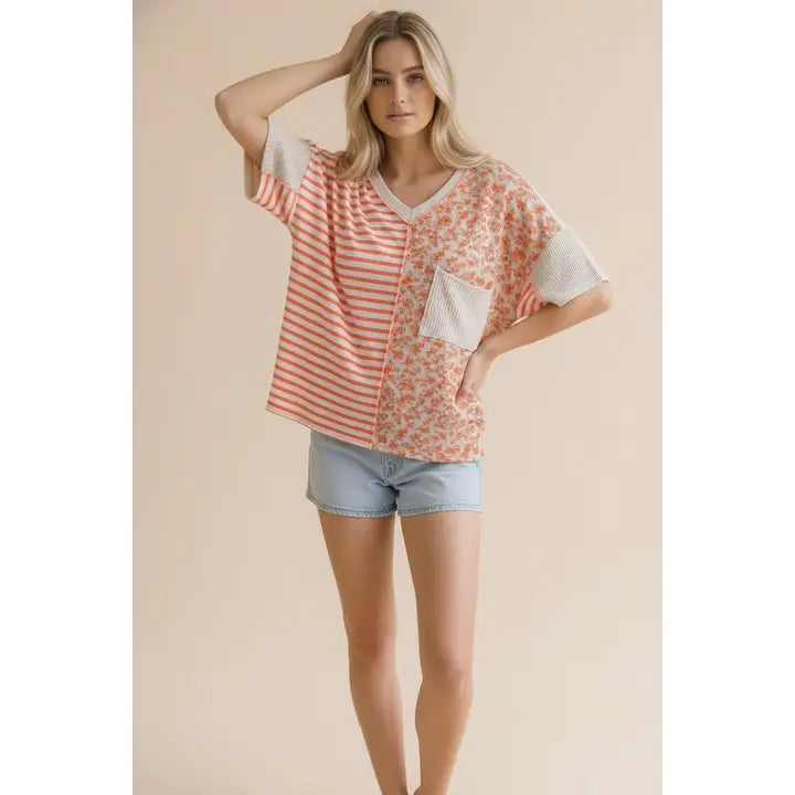 Plus V Neck Stripe, Floral Print Color Block Top