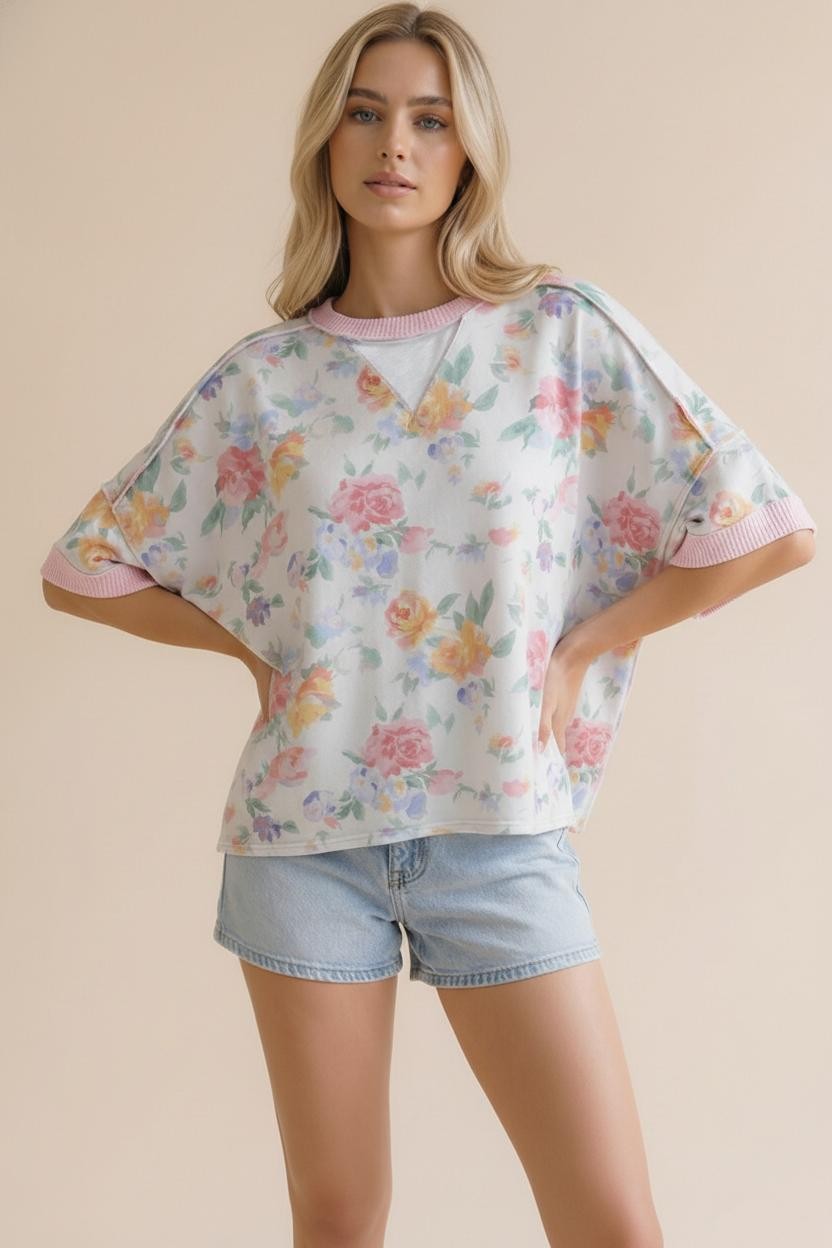 Ribbed Oversized Floral Print Top