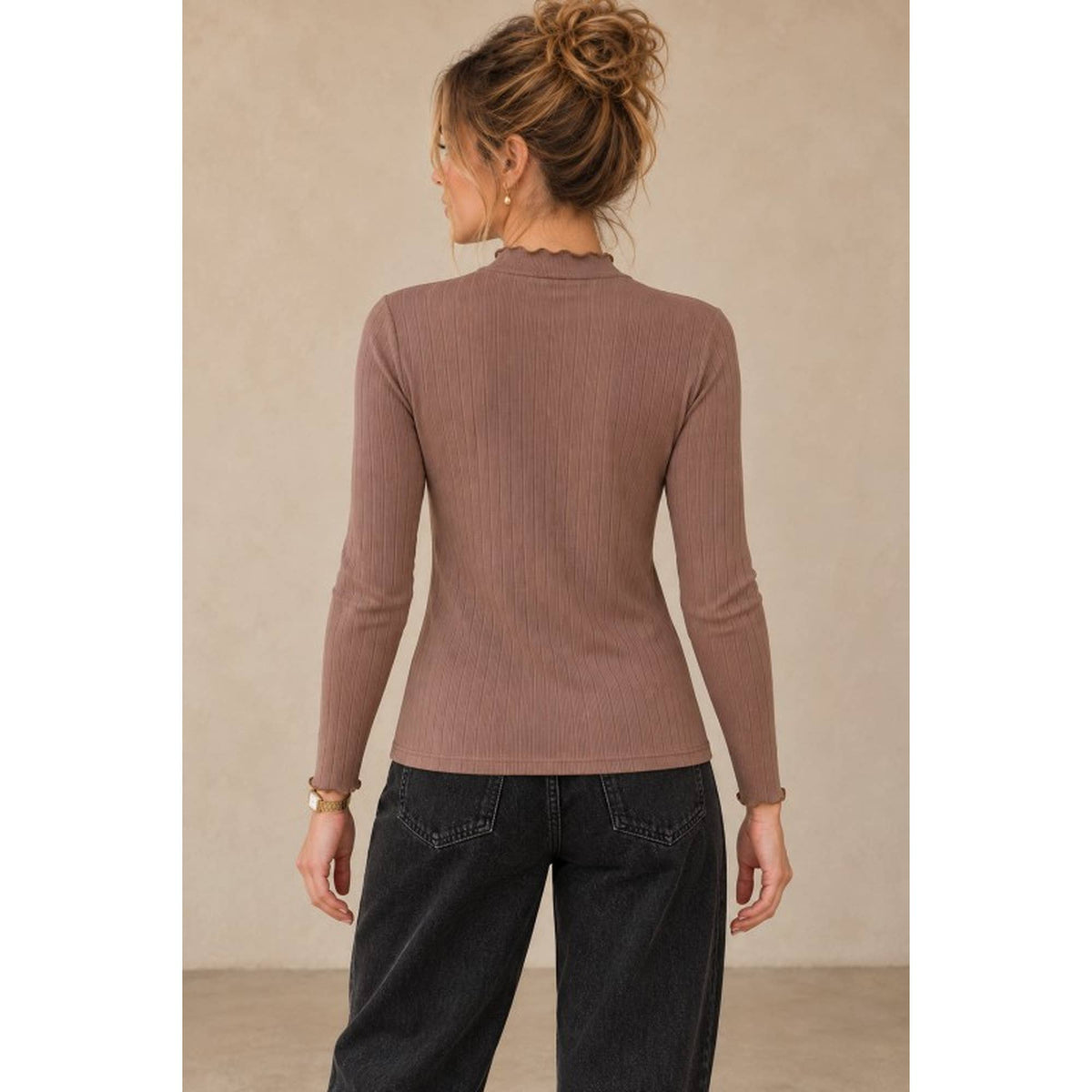 Ribbed Mock Neck Long Sleeve Lettuce Edge Knit Top