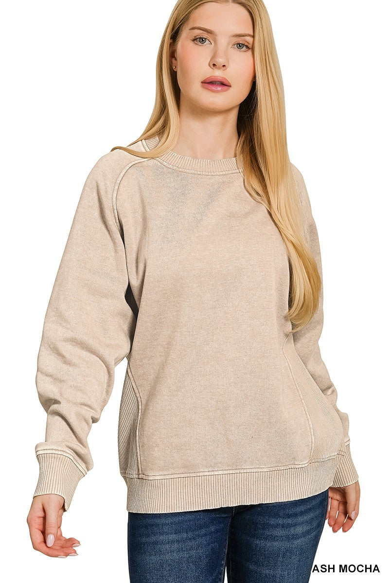 Acid washed fleece sweatshirts side rib