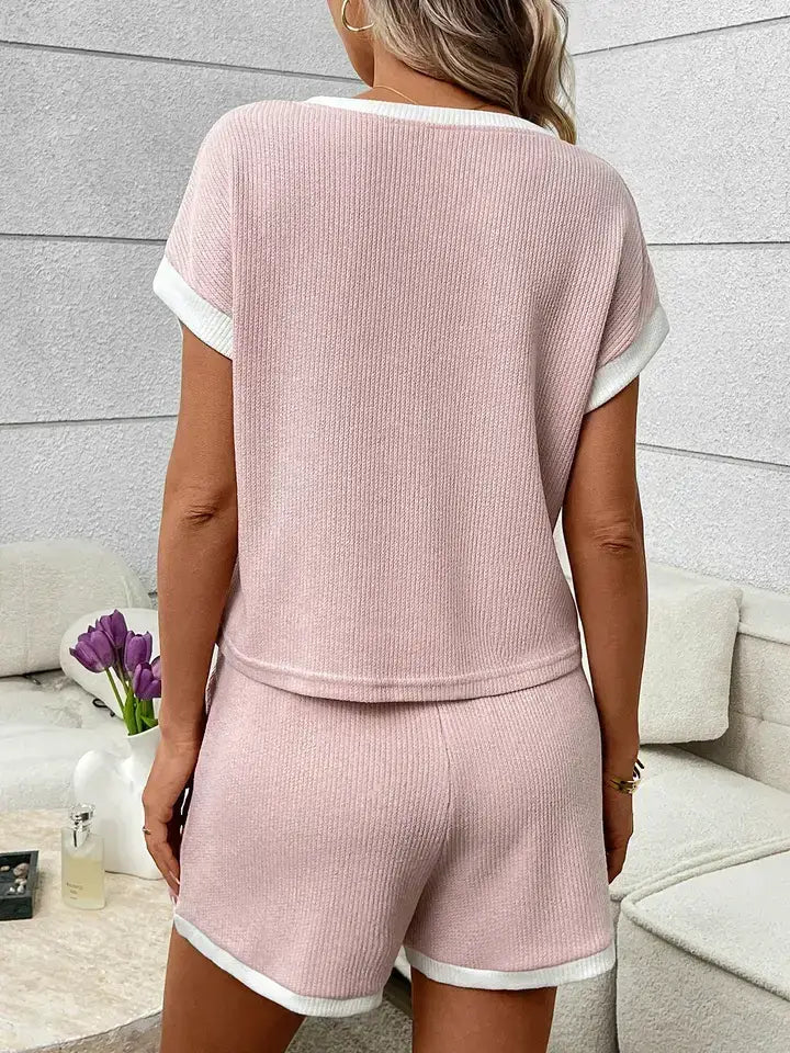 Green Ribbed Two-Piece Lounge Set with Contrast Trim