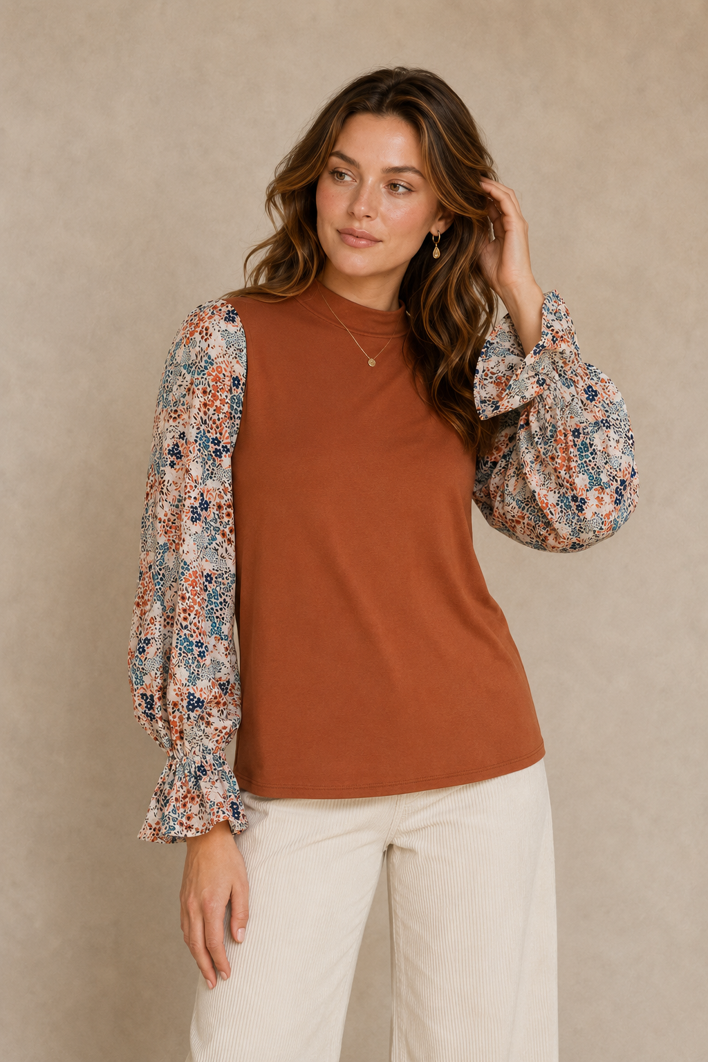 Mixed Media Floral Ruffle Sleeve Mock Neck Knit Top