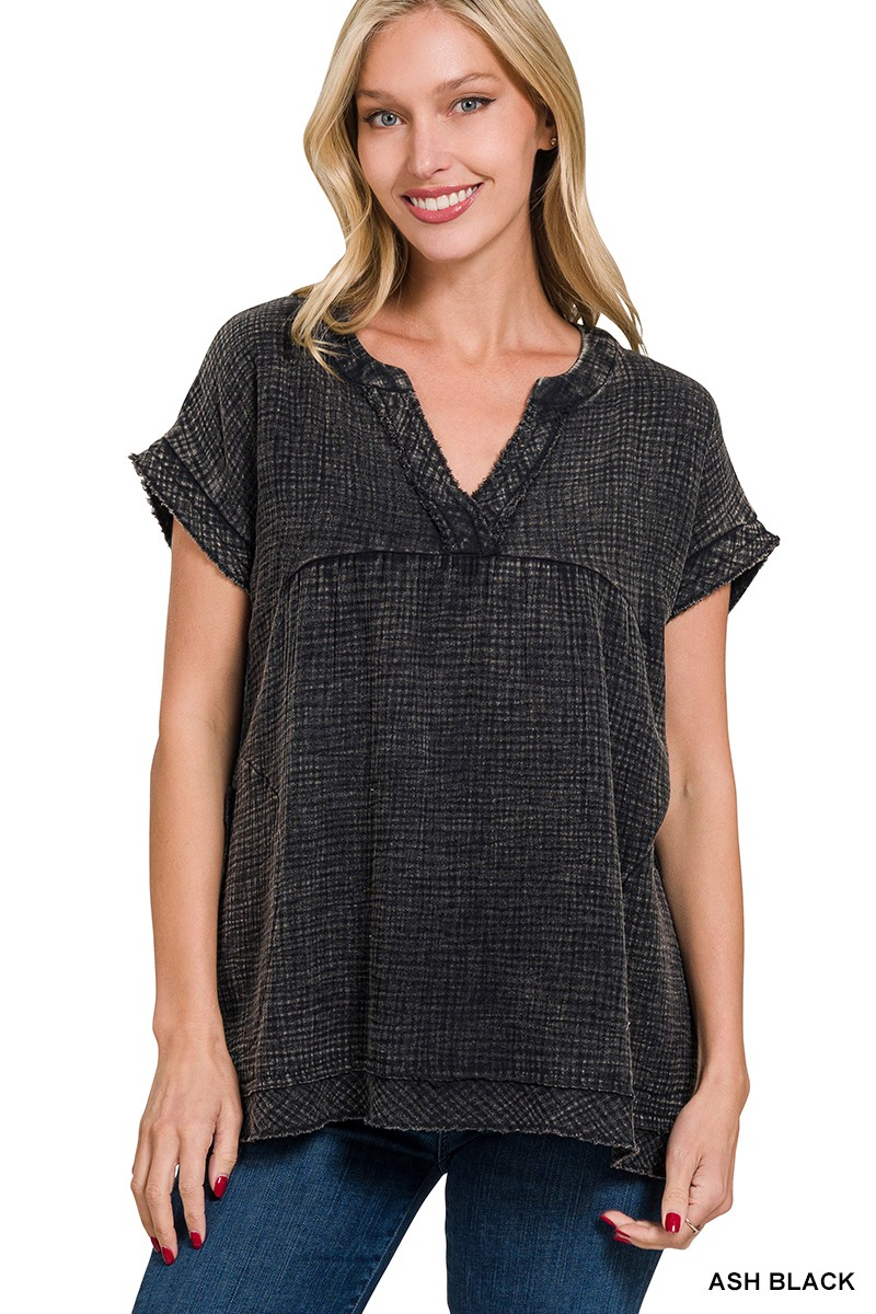 Washed Double Gauze Raw Edge Short Sleeve Shirt