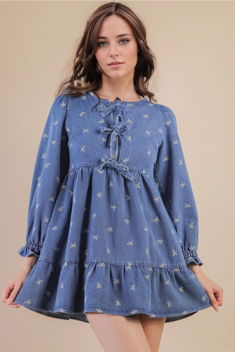 Soft Washed Denim Bow Printed Casual Dress