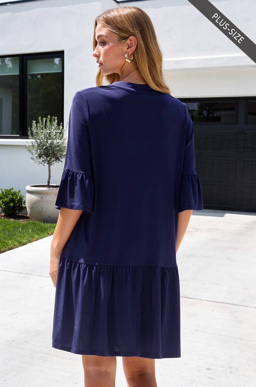 PLUS SIZE Shirred Tiered Relaxed 3/4 Sleeve Dress