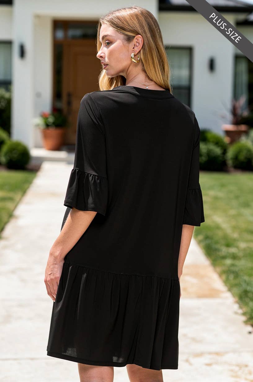 PLUS SIZE Shirred Tiered Relaxed 3/4 Sleeve Dress