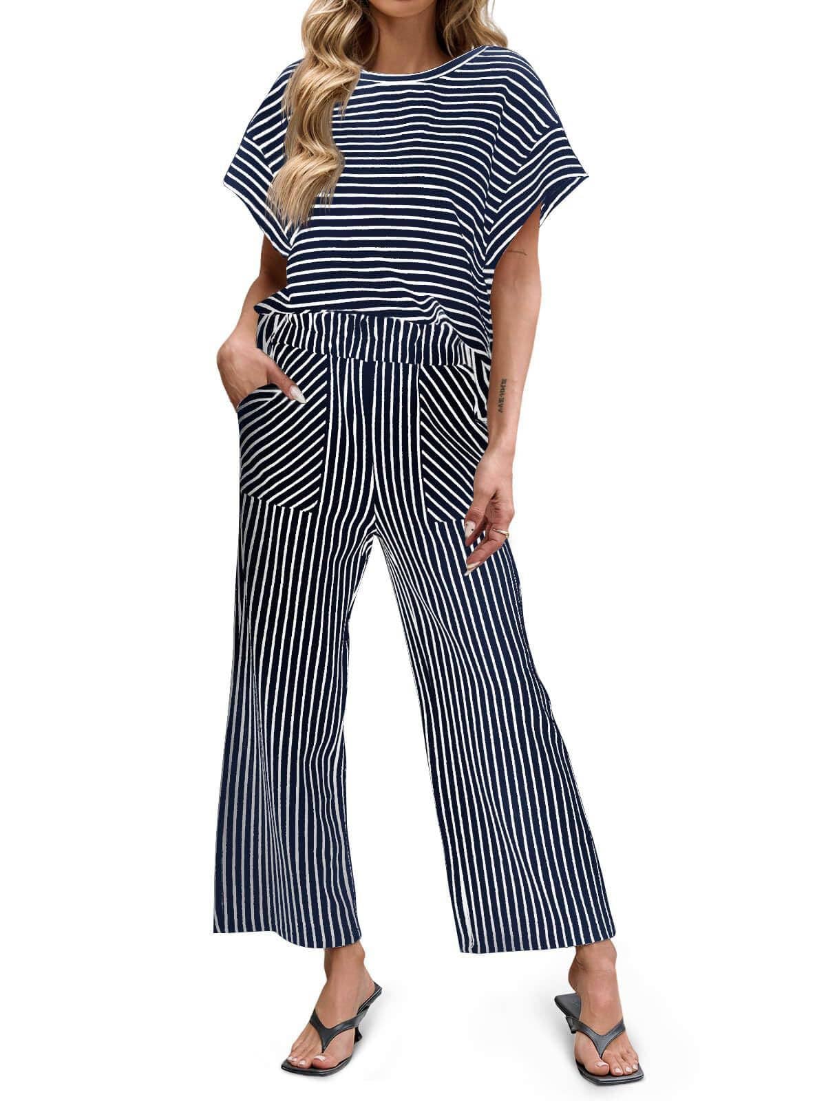 Striped Wide Leg Pants Set Casual Summer Lounge Outfit