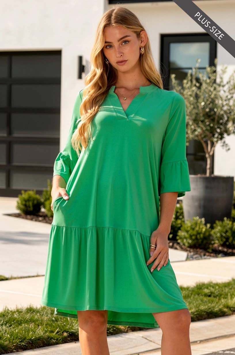 PLUS SIZE Shirred Tiered Relaxed 3/4 Sleeve Dress