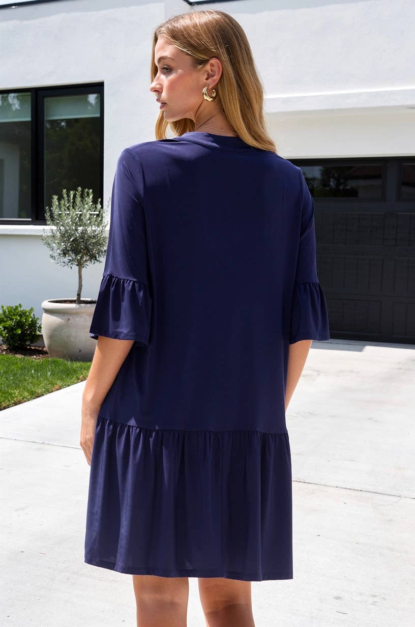 Shirred Tiered Relaxed 3/4 Sleeve Dress