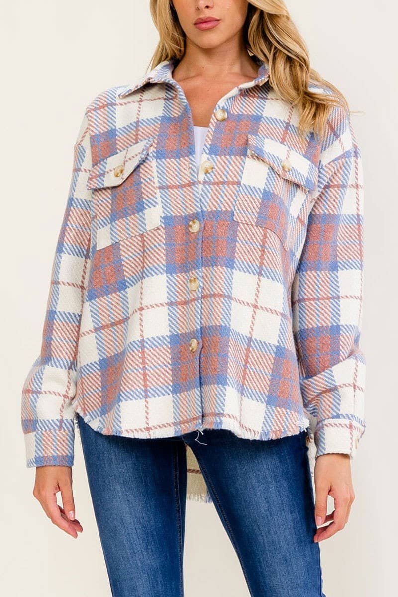 LONG SLEEVE BUTTON UP FRONT POCKETS PLAID JACKET