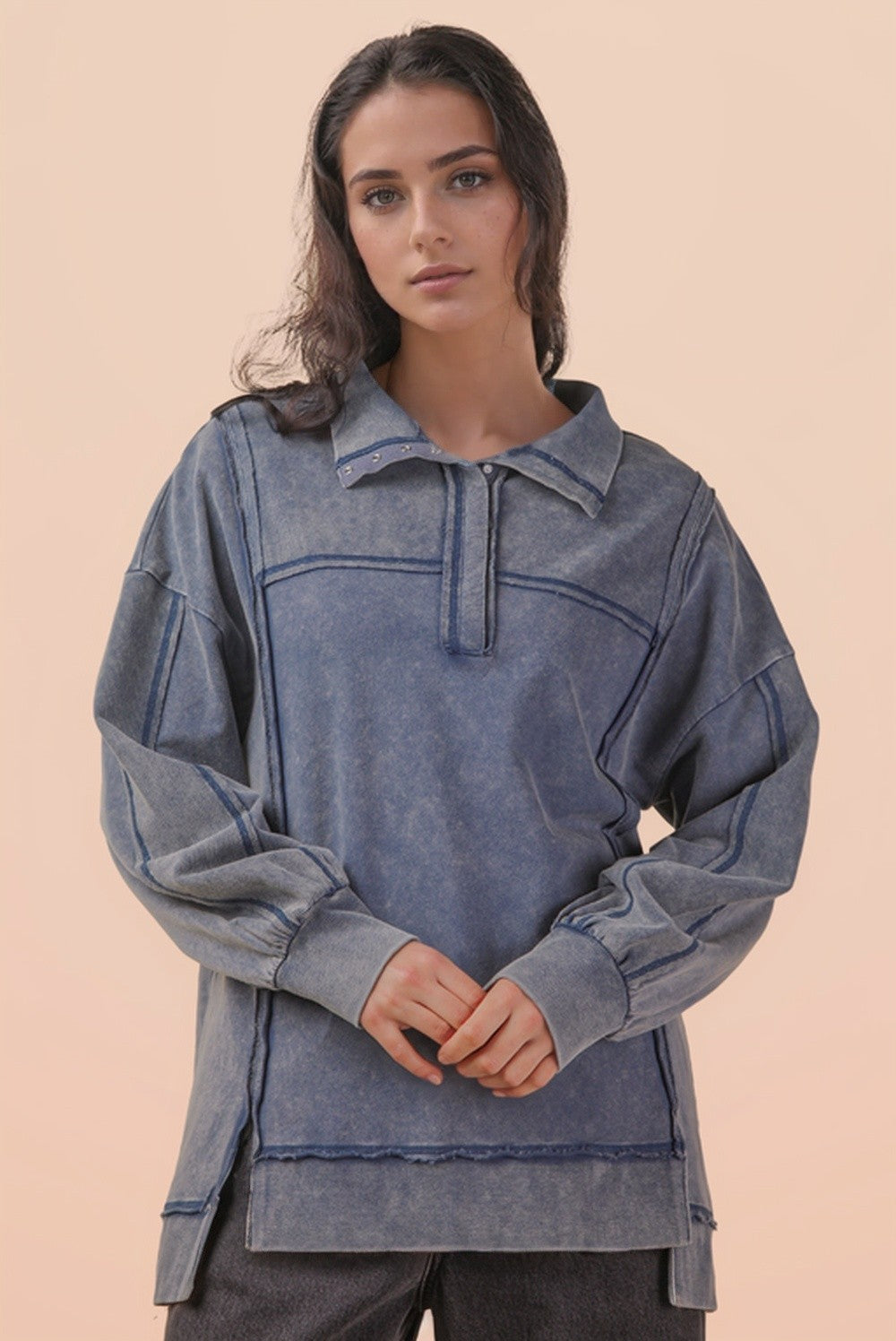 Half Button-Down Oversized Contrast Knit Top