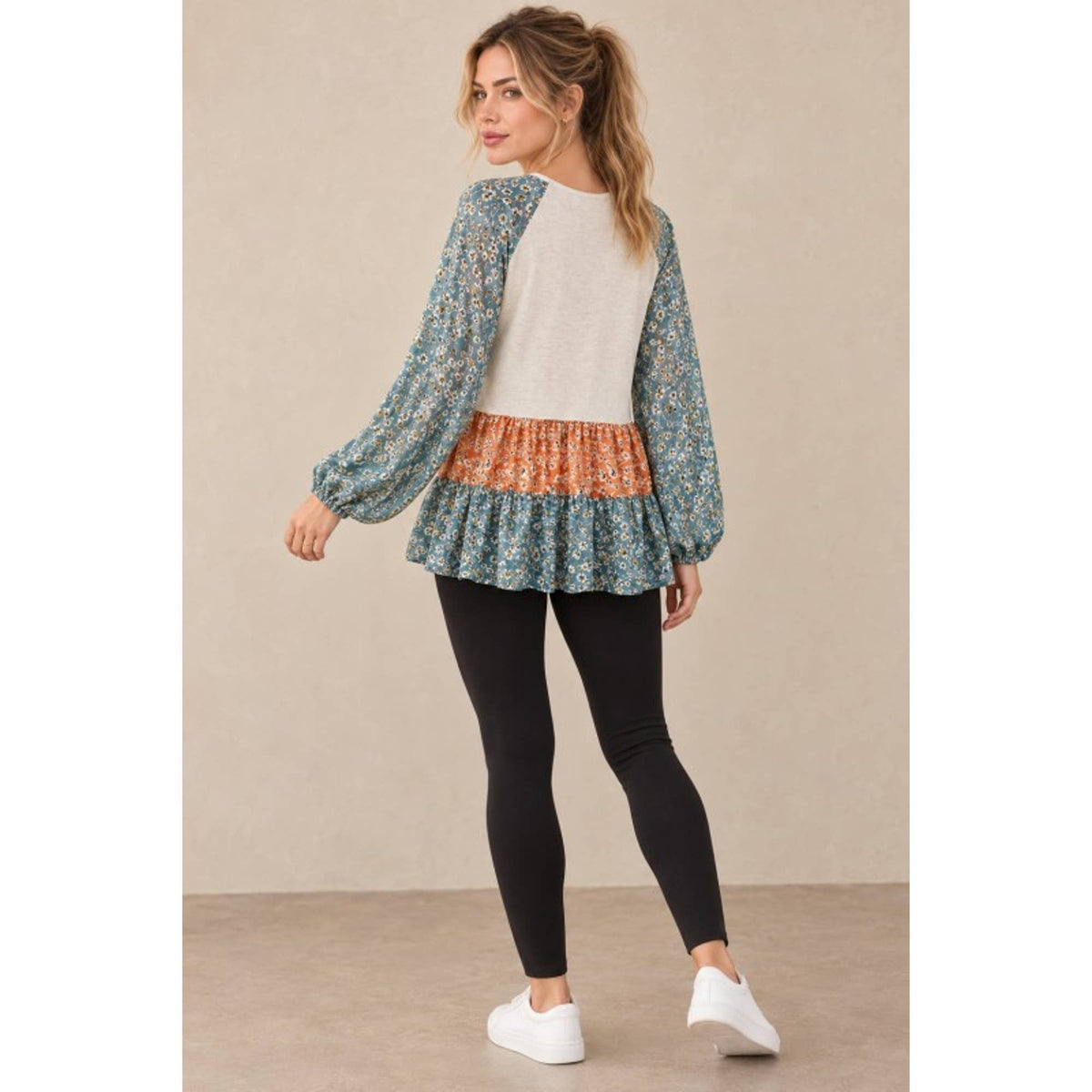 Mixed Floral Balloon Sleeve Ruffle Hem Top