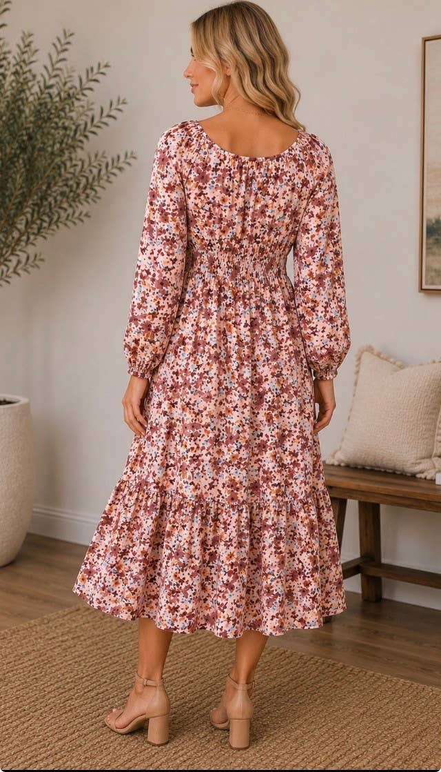 Peach Floral Midi Dress