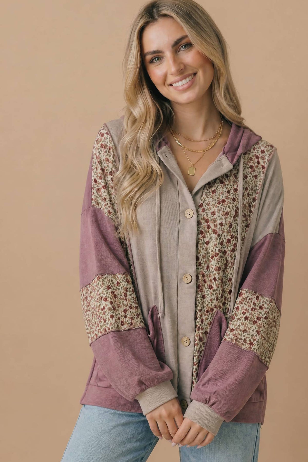 Plus Mixed Media Bubble Sleeve Hoodie Jacket