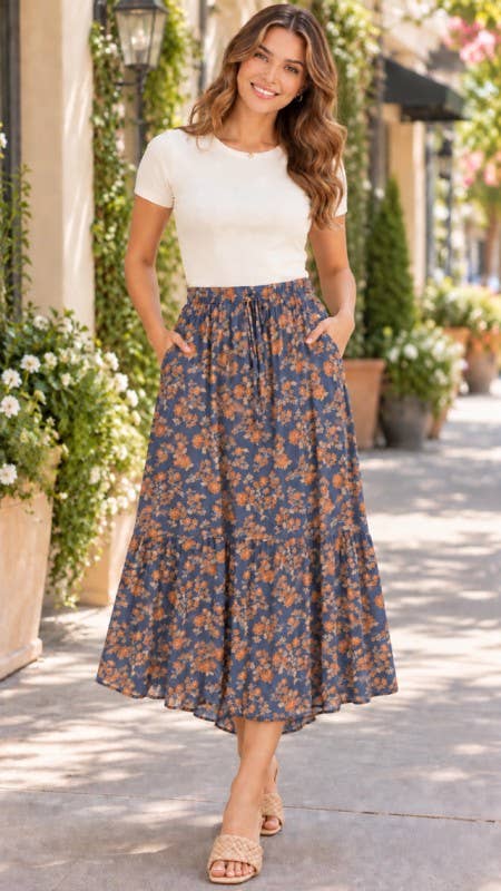 Floral Midi Skirt w/ Pockets & Lining