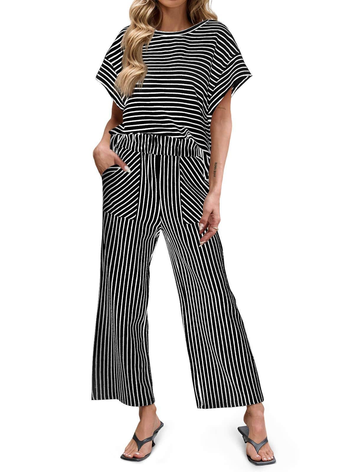 Striped Wide Leg Pants Set Casual Summer Lounge Outfit