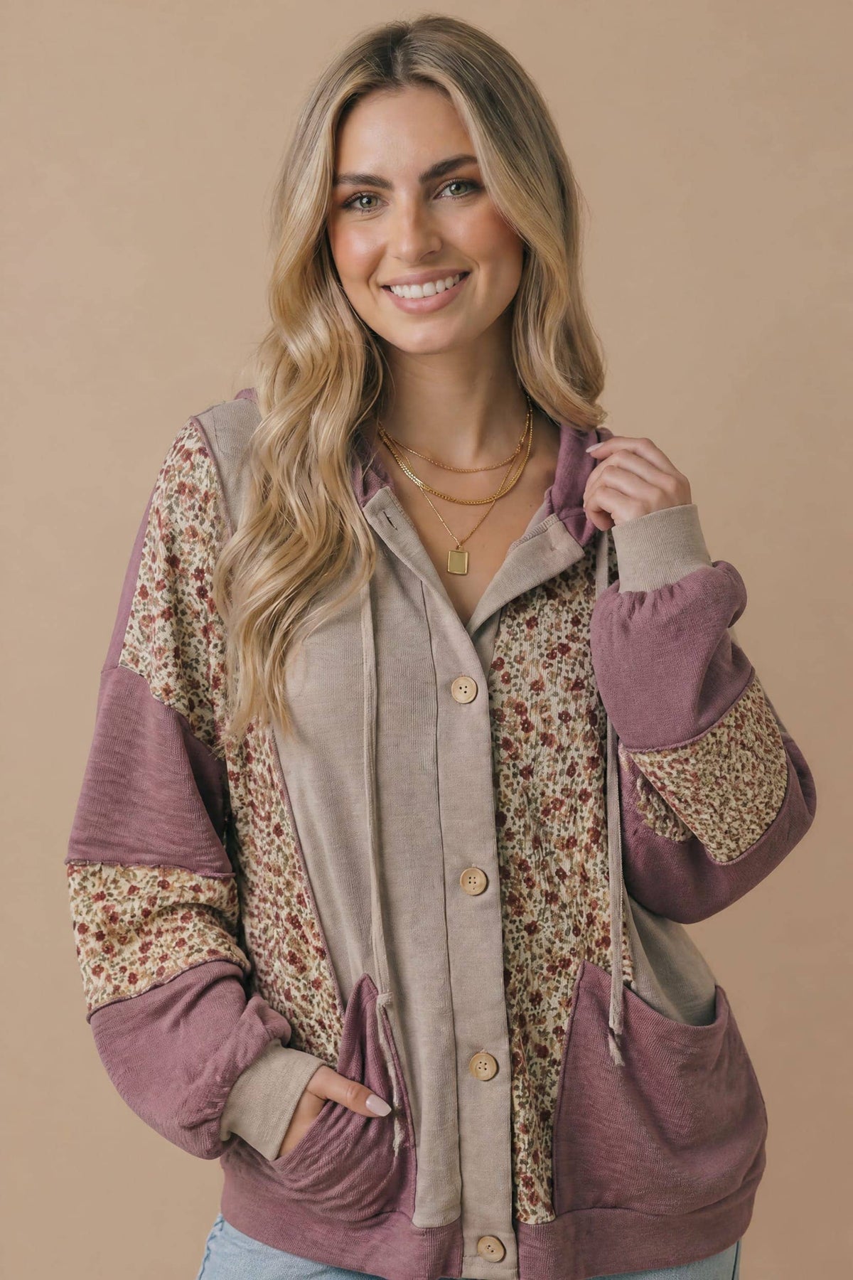 Plus Mixed Media Bubble Sleeve Hoodie Jacket