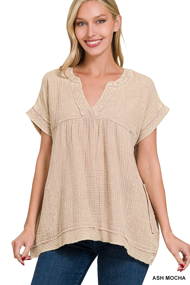 Washed Double Gauze Raw Edge Short Sleeve Shirt