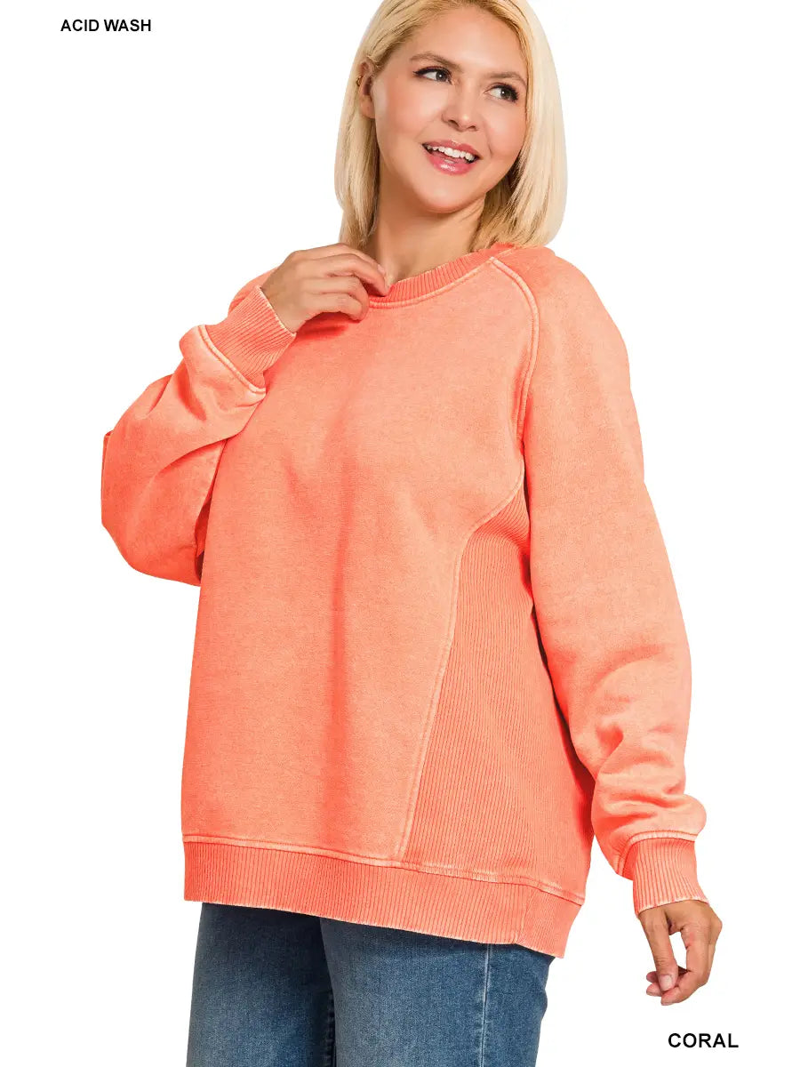 Plus Acid Washed Fleece Sweatshirts Side Rib