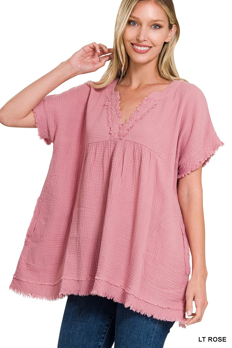 Double Gauze Raw Edge Short Sleeve V-neck Shirt