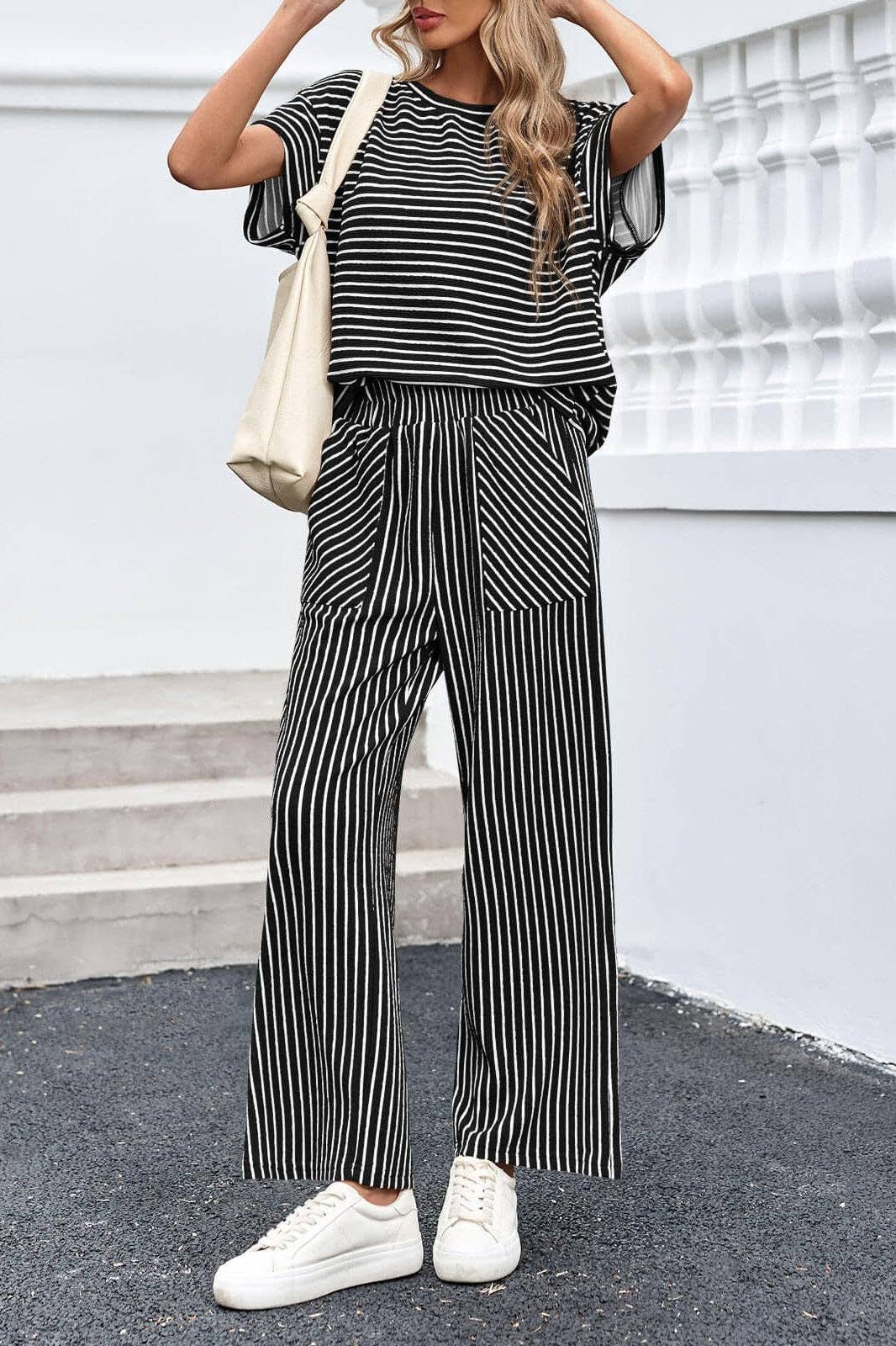 Striped Wide Leg Pants Set Casual Summer Lounge Outfit