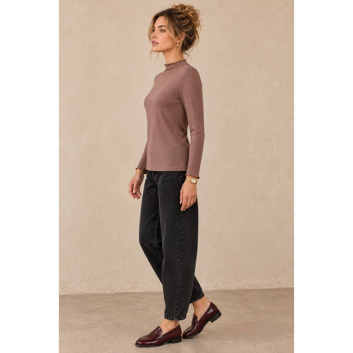 Ribbed Mock Neck Long Sleeve Lettuce Edge Knit Top