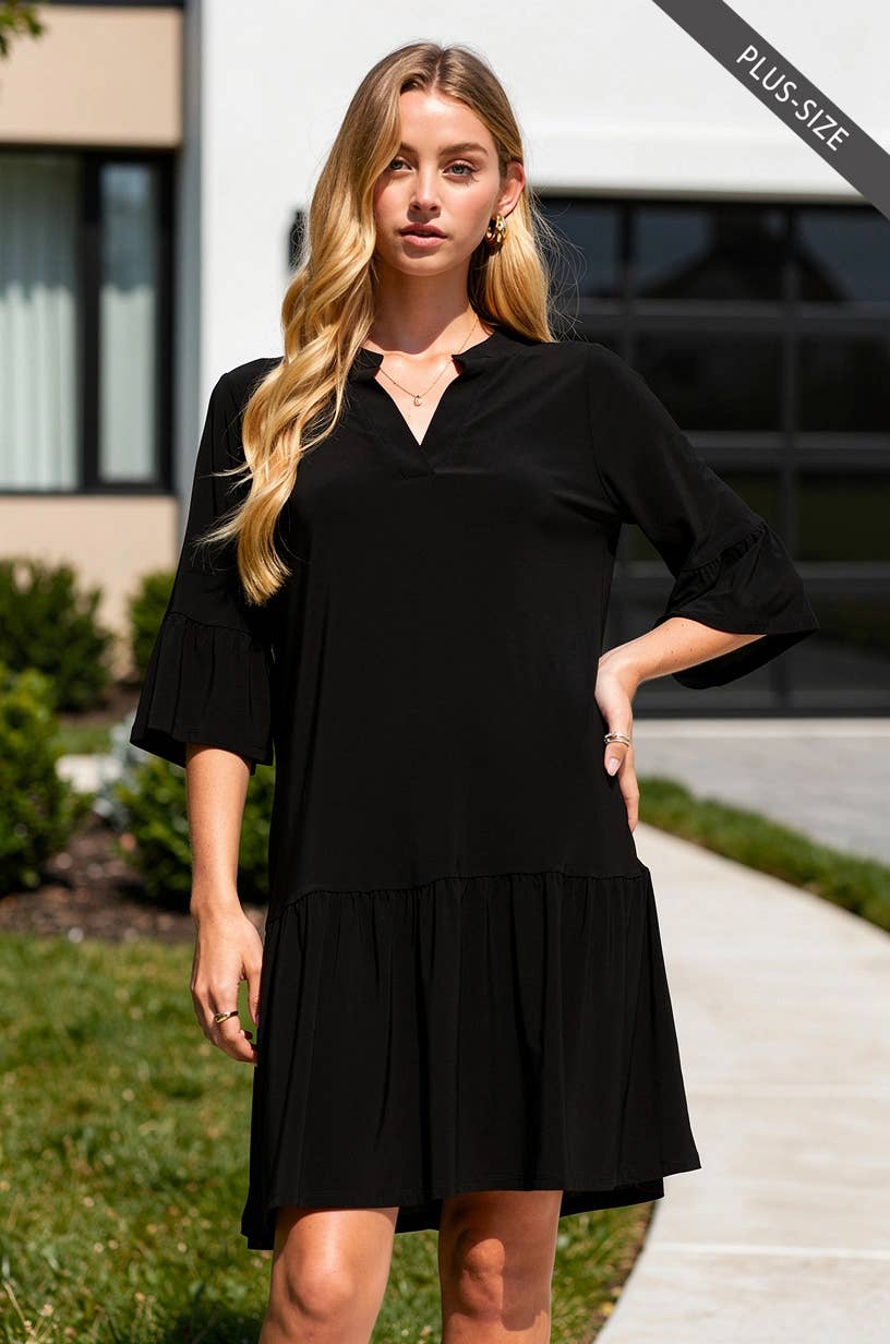 PLUS SIZE Shirred Tiered Relaxed 3/4 Sleeve Dress