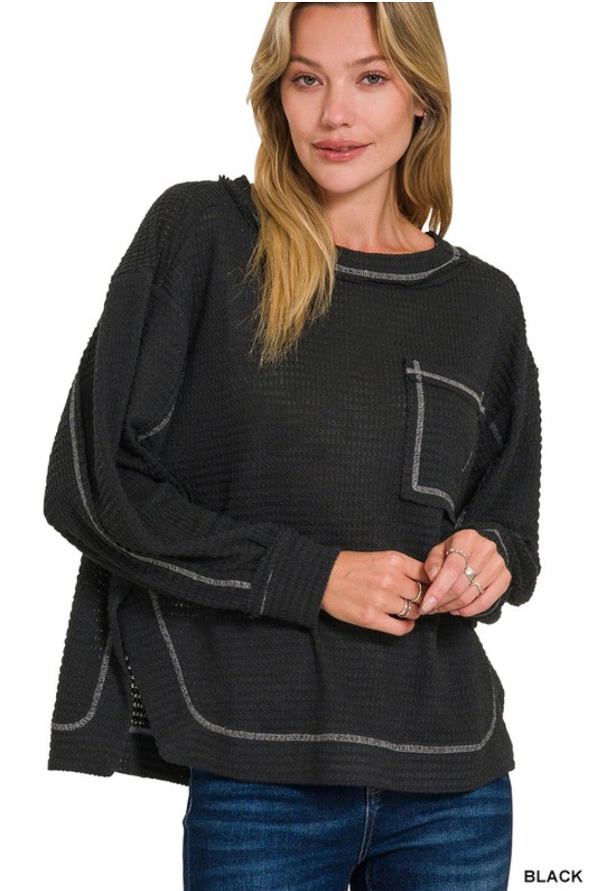 Hi-Low Exposed Seam Long Sleeve Top