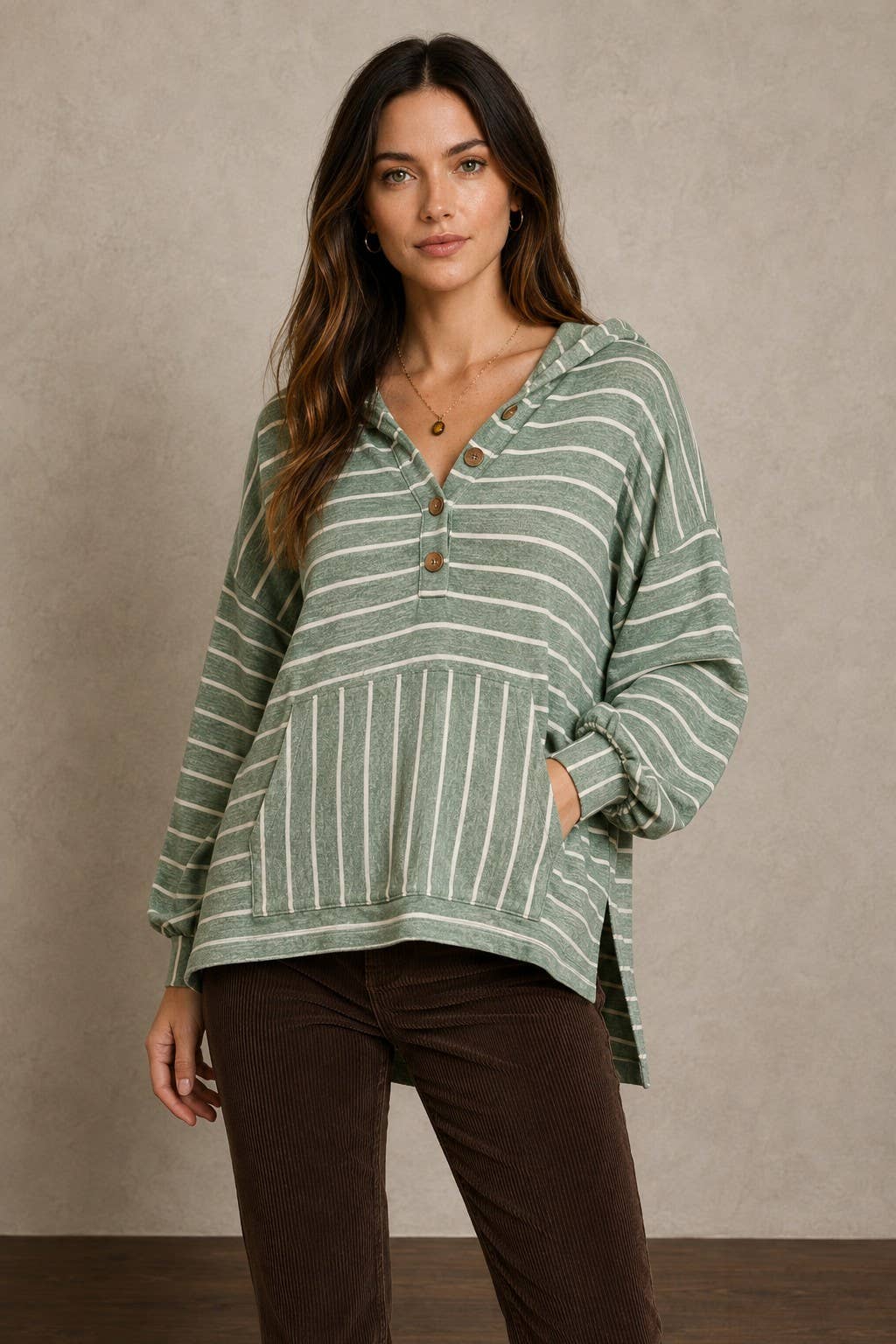 Striped Henley Knit Hoodie with Kangaroo Pocket