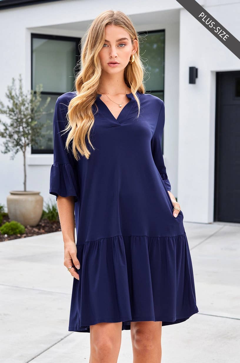 PLUS SIZE Shirred Tiered Relaxed 3/4 Sleeve Dress